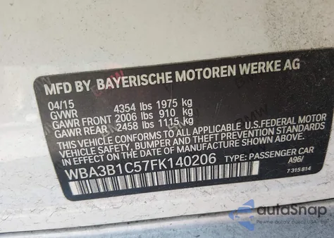 2015 BMW 320I z USA, uszkodzony, nr VIN WBA3B1C57FK140206